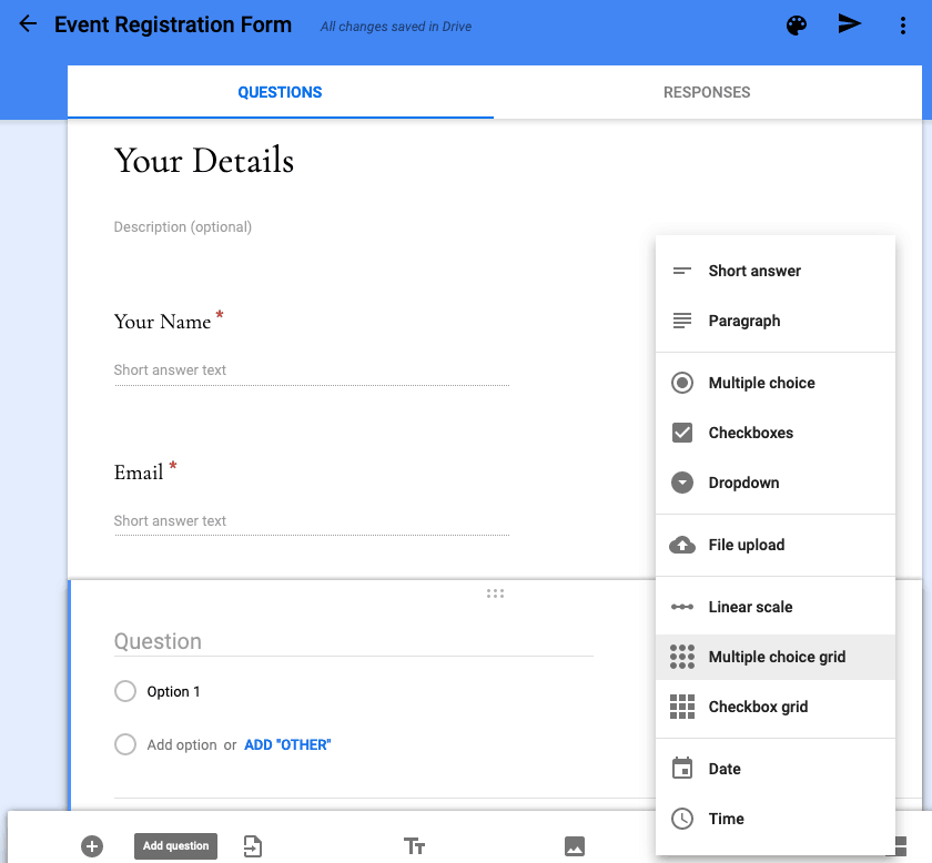 Google Formlar ekran görüntüsü - Form seçenekleri