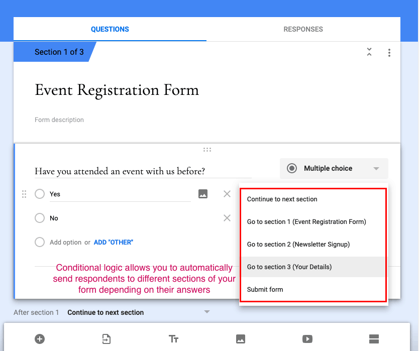 Google Formlar ekran görüntüsü - Koşullu mantık
